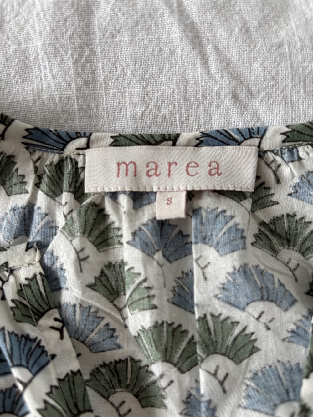 Marea by Liz Joy blockprint blouse, cap sleeves, blue/green/white, cotton,size S - Picture 2 of 8